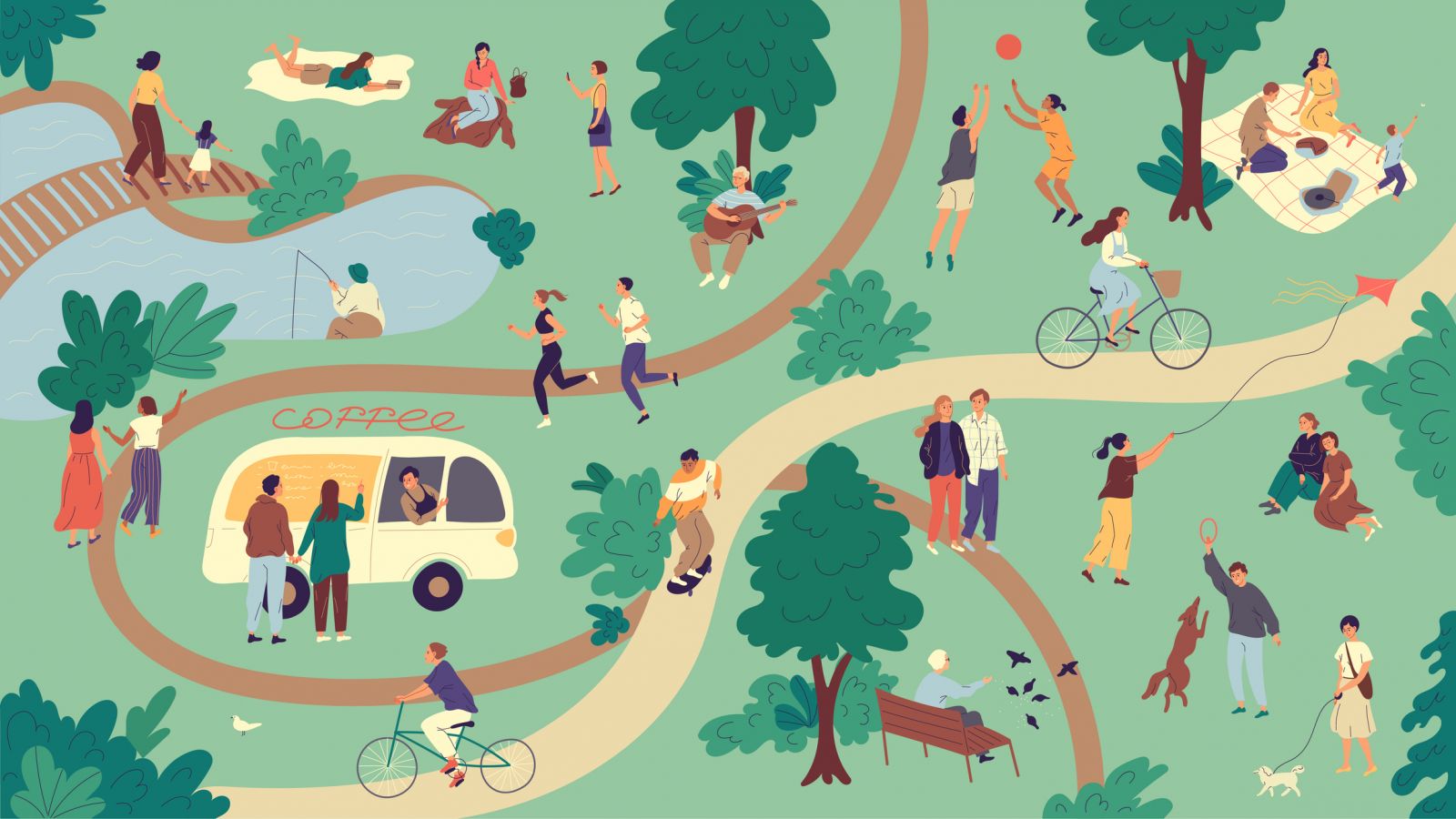 Illustrated map of green park with paths and amenities banner image