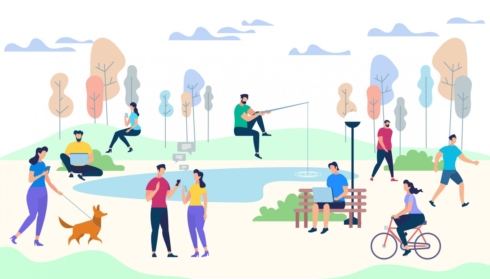 Illustration of a group of people walking, cycling and fishing in a park banner image