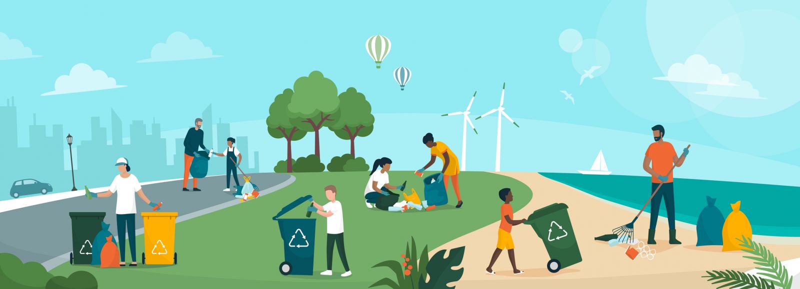 Illustration of a comunity engaging in sustainable activities including recycling and litter picking banner image