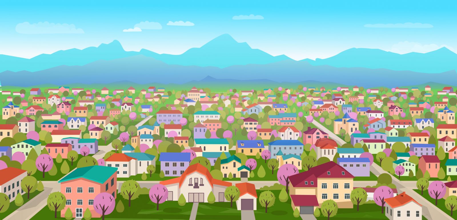 Illustrated aerial view of a town in bright colours banner image