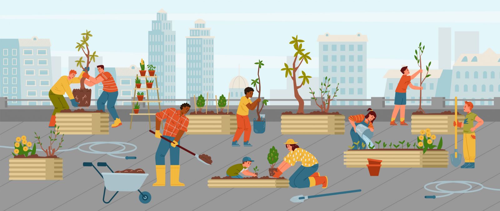 Illustration of volunteers helping at a community garden in the city banner image