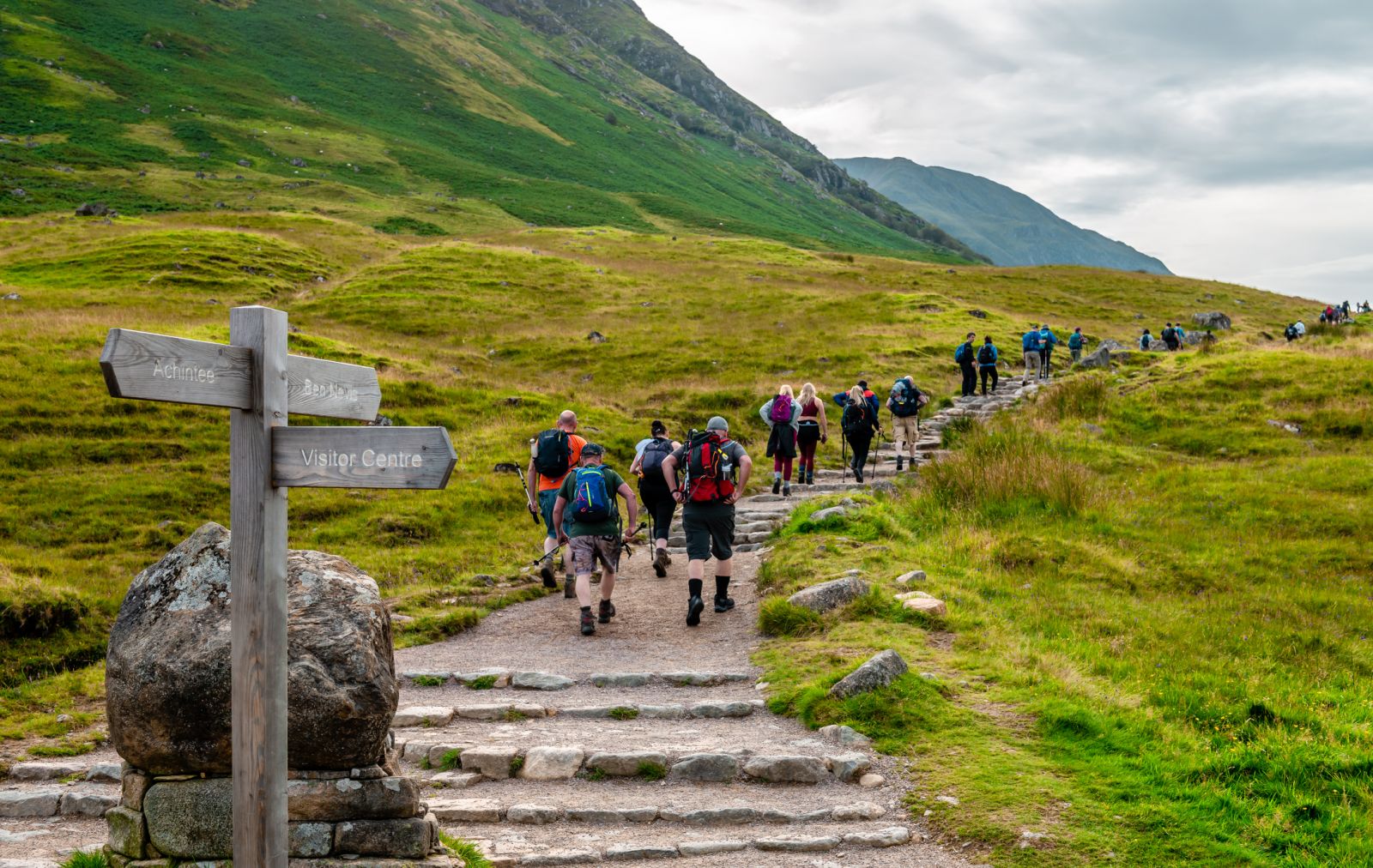 Group of people walking on a track up a Scottish mountain banner image