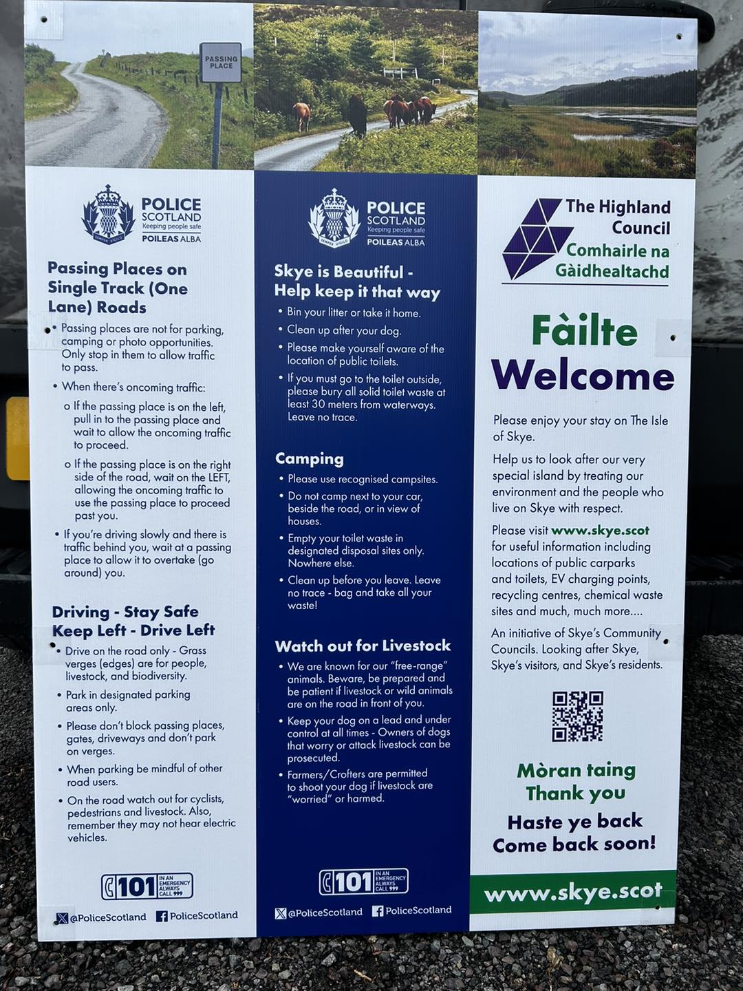 Close up view of text on a road safety sign on Skye